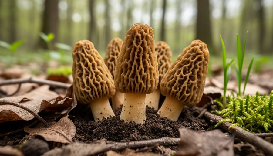 Close-up of freshly found morel mushrooms growing in woodland leaf litter.