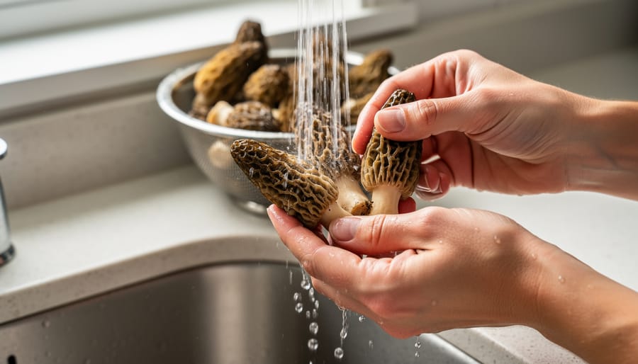 Forager’s hands using a toothpick to clean morel mushrooms on a wooden board.