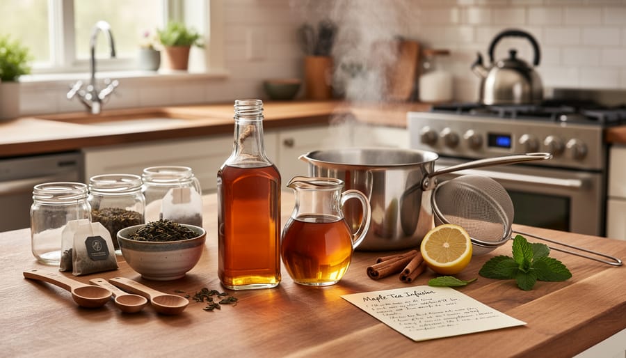 Home kitchen scene with a saucepan, maple syrup jar, and steeping green tea infuser basket for making tea maple syrup.