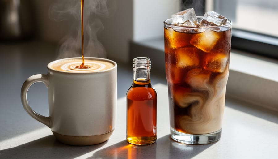 Hot and iced lattes with visible amber tea maple syrup swirls in coffee glasses on a bar counter.
