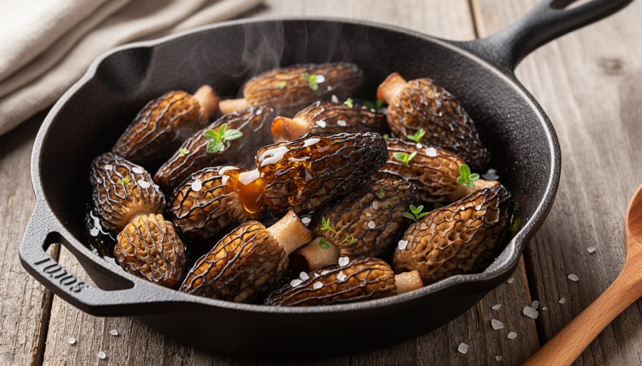 Sautéed morel mushrooms in a cast-iron skillet served on a plate with maple syrup nearby.