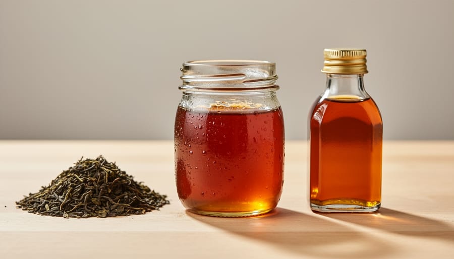 Tea maple syrup being poured from a bottle next to amber maple syrup and black tea leaves on a kitchen counter.