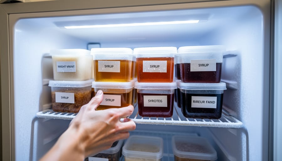 Maple syrup containers stored inside a freezer in an organized grouping with lids closed.