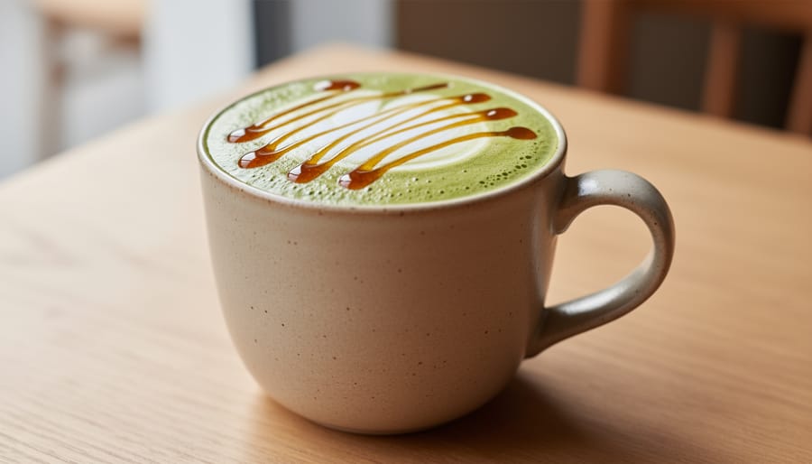Close-up of a maple matcha latte in a ceramic mug with creamy foam and a thin maple drizzle.