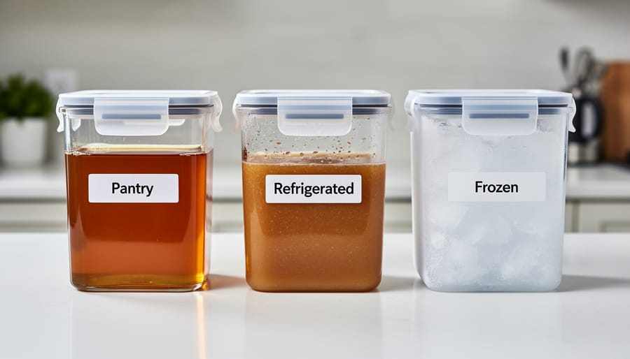 Unopened bottle and opened jars of maple syrup arranged on a kitchen counter with lids ready for storage.