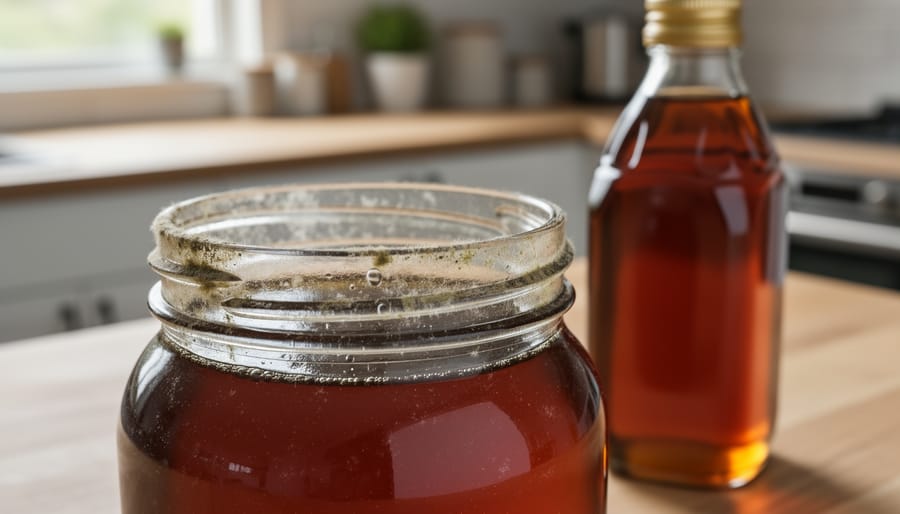 Close-up of maple syrup surface in a glass jar showing a white film that may indicate a storage quality problem.