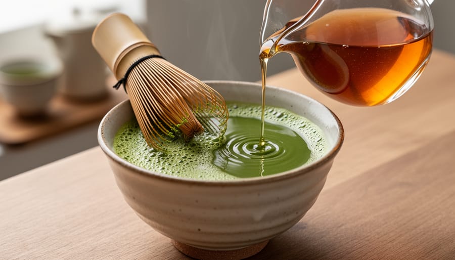 Macro view of bamboo whisk and matcha bowl with maple syrup being drizzled over the green matcha.