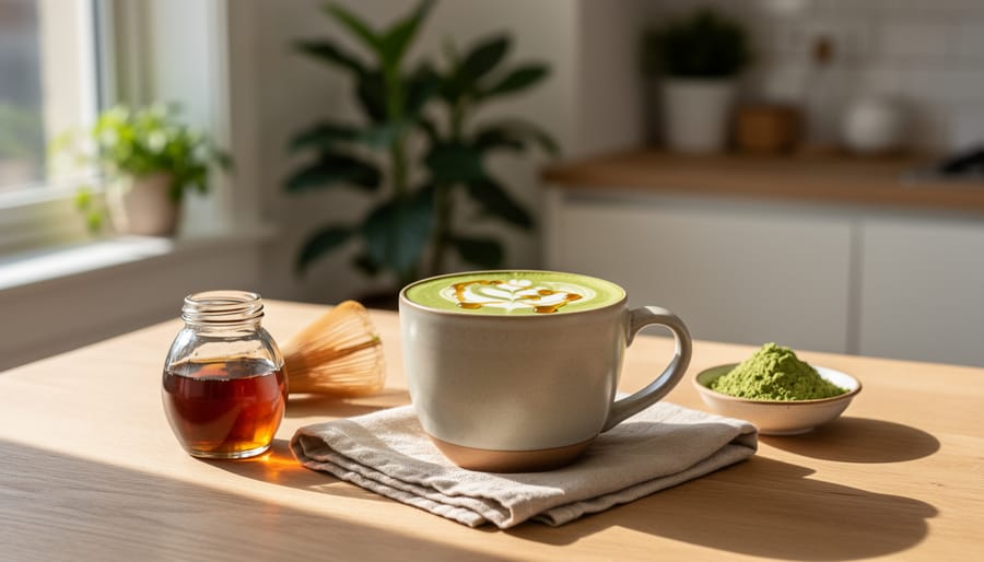 A cozy morning table with a maple matcha latte mug, milk pitcher, and spoon under soft natural window light.