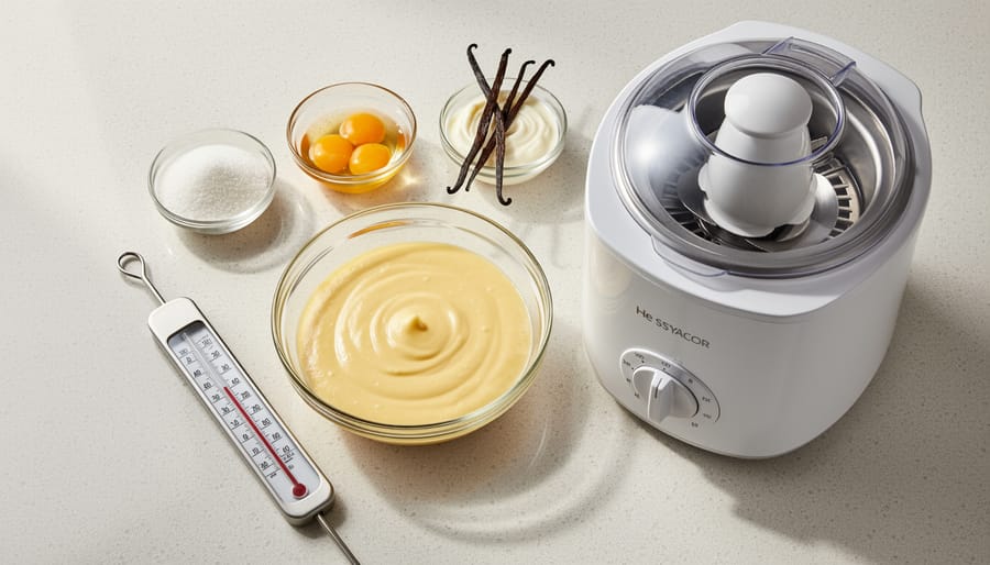 Ice cream maker bowl and saucepan with creamy custard base plus thermometer on a kitchen countertop