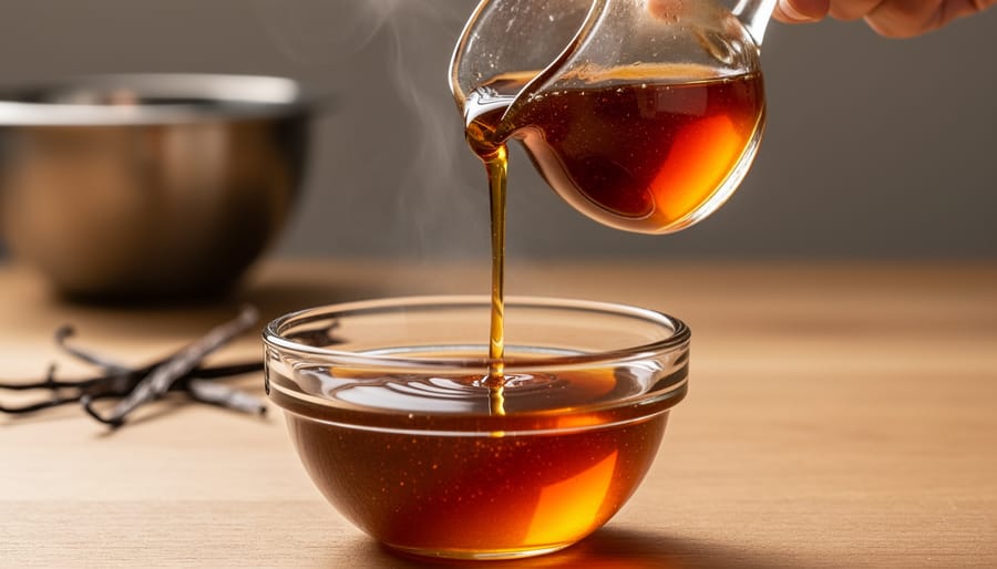 Jar of rich amber maple syrup with a wooden spoon on a rustic wooden table