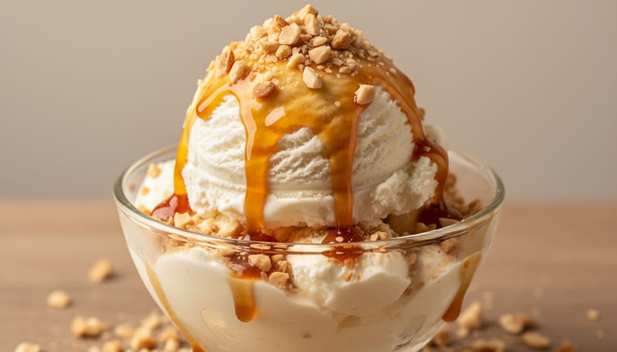 Bowl of maple flavored ice cream topped with maple syrup drizzle and candied pecans